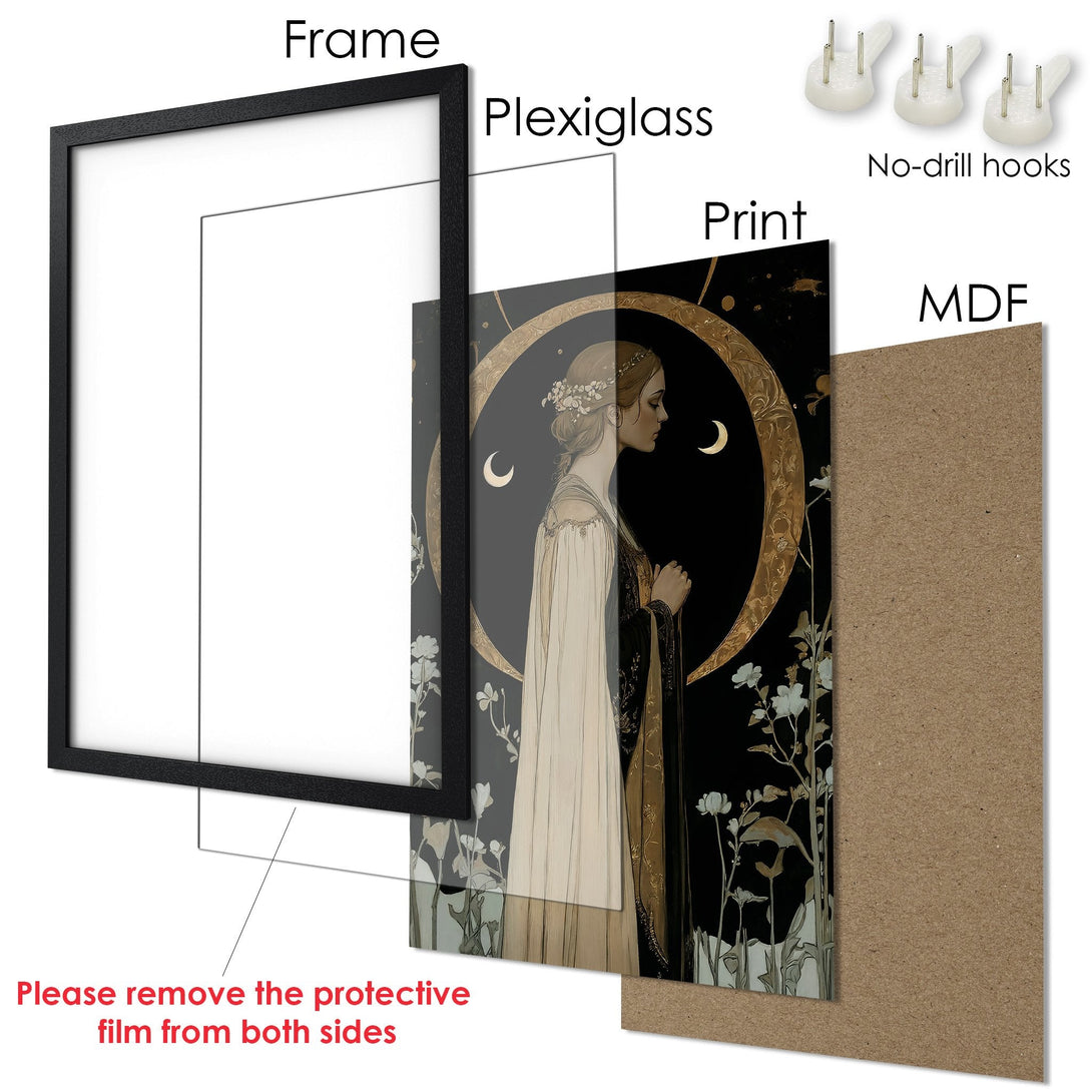 Framed Poster featuring a woman in a celestial design, with a black, gold, and beige color palette, ready to elevate your space.