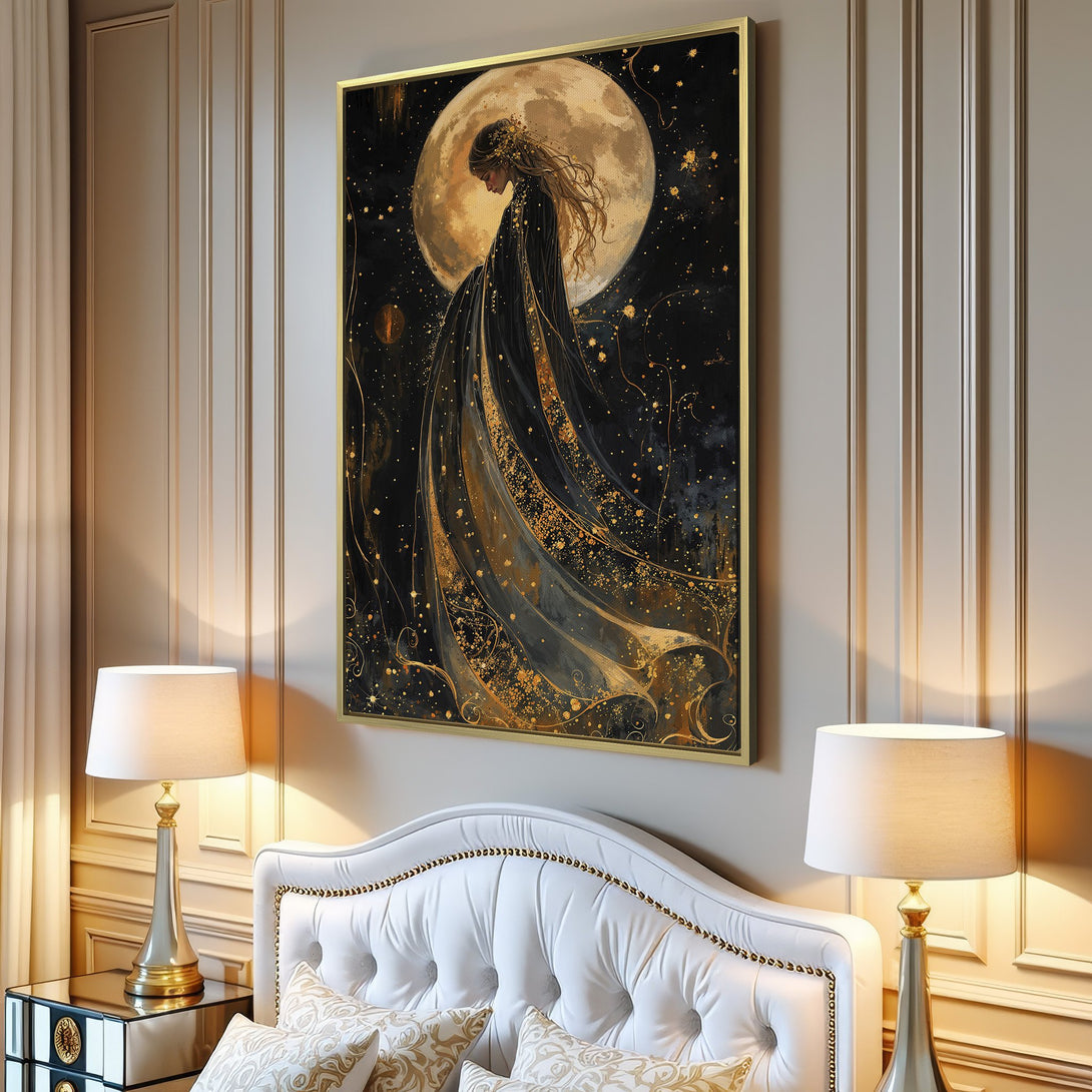 Canvas Print of a celestial woman with a moon backdrop, featuring a dark, gold, and black color palette. Perfect for adding elegance to any space.