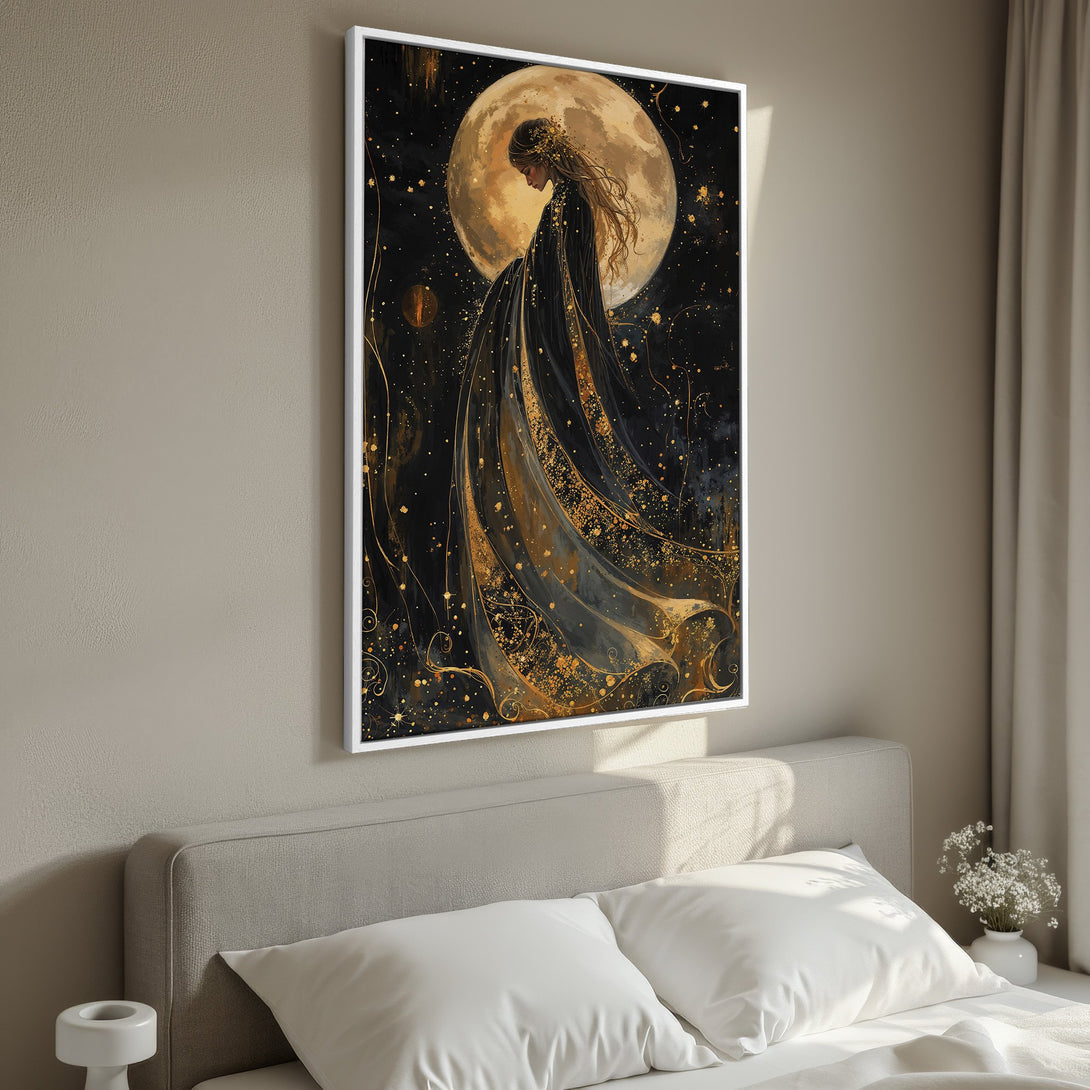 Framed Wall Art: Celestial woman with moon, black and gold abstract art. Perfect bedroom decor. Add a touch of elegance to your space!