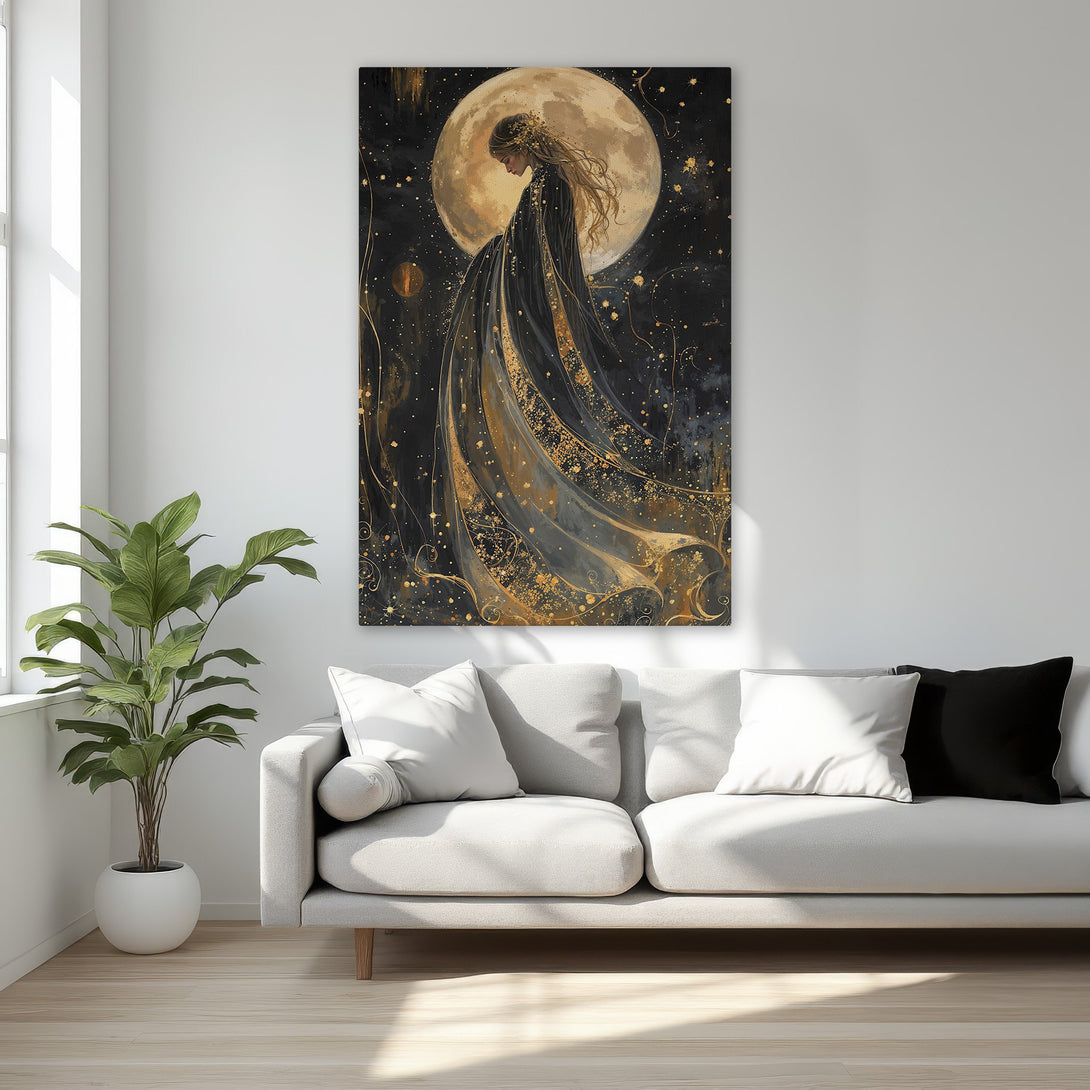 Framed Wall Art: Celestial woman in black and gold, elegant abstract style. Stunning artwork with a dark, luxurious color palette. Perfect bedroom decor.