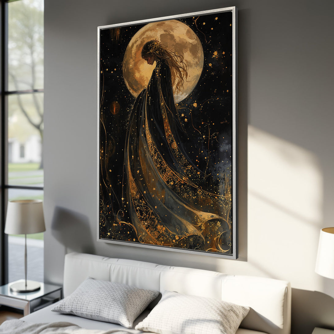 Framed Wall Art: Celestial woman with moon, in black & gold. Elegant art print for bedroom decor. Modern abstract style. Enhance your space with this artwork!
