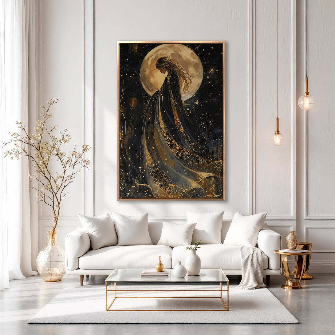 Framed Wall Art featuring a celestial woman in black and gold, displayed in a modern living room. Elegant, artistic, and luxurious home decor.