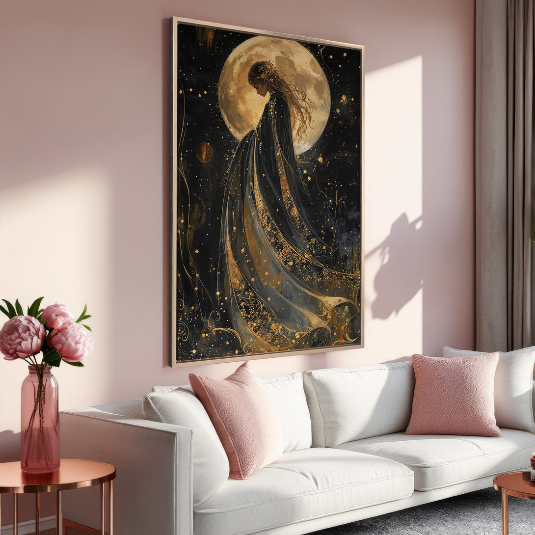 Framed Wall Art: Elegant woman in black & gold against a moon backdrop. Modern artwork with a dreamy, celestial feel. Perfect for adding sophistication.