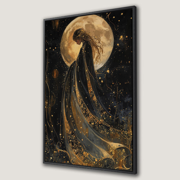 Framed Wall Art: Celestial woman with moon, gold accents, and a dark, dreamy aesthetic. Perfect for adding a touch of magic to your space.