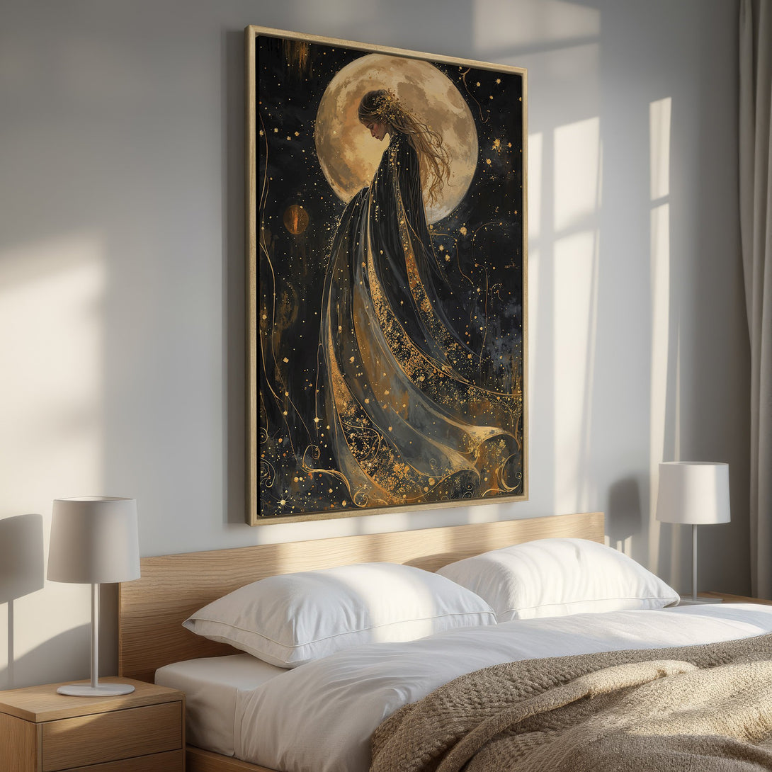 Framed Wall Art: Celestial woman in black and gold, with a moon backdrop. Modern art print in a bedroom setting, adding an elegant touch.