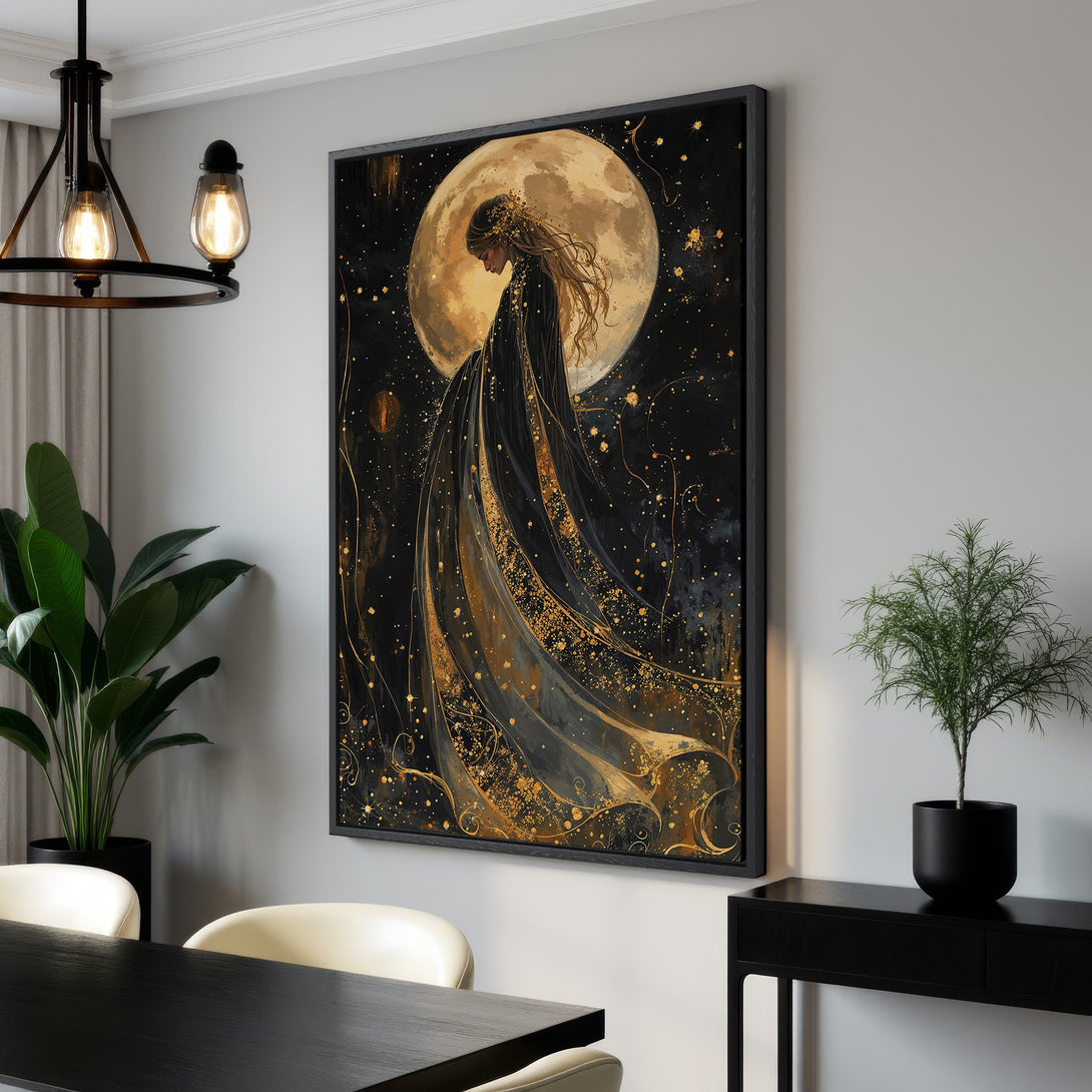 Framed Wall Art: Celestial woman with moon, gold and black abstract art. Modern canvas print for living room or bedroom decor. Enhance your space today!