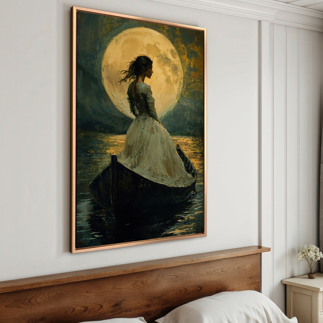 Framed Wall Art: Romantic painting of woman in boat with moonlit background. Evokes a dreamy, vintage vibe with a moody, dark green and gold color palette. Perfect wall decor.