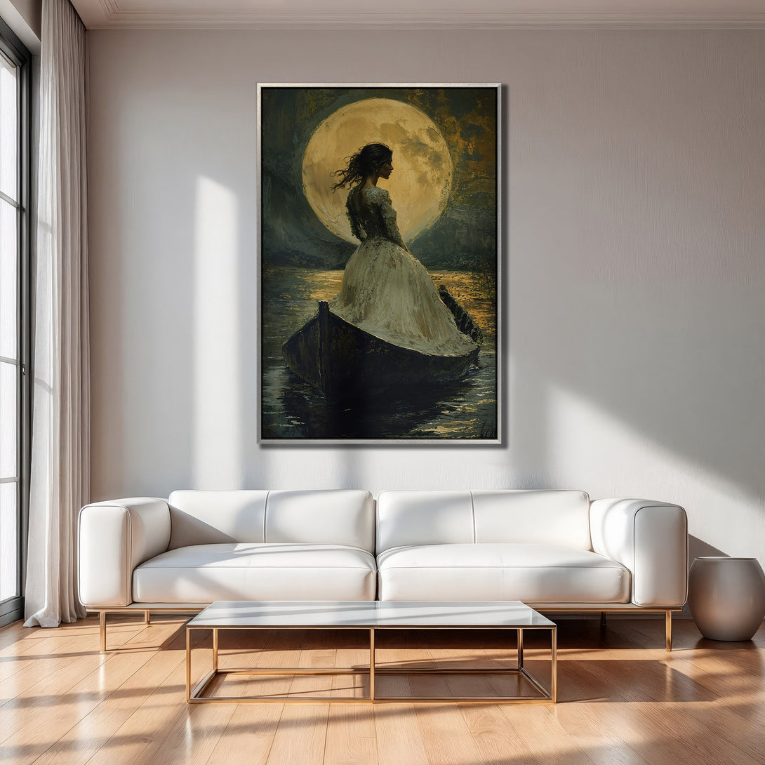 Framed Wall Art: Romantic painting of woman in boat under moon, warm gold & dark tones. Perfect for living room decor & adding a touch of elegance.