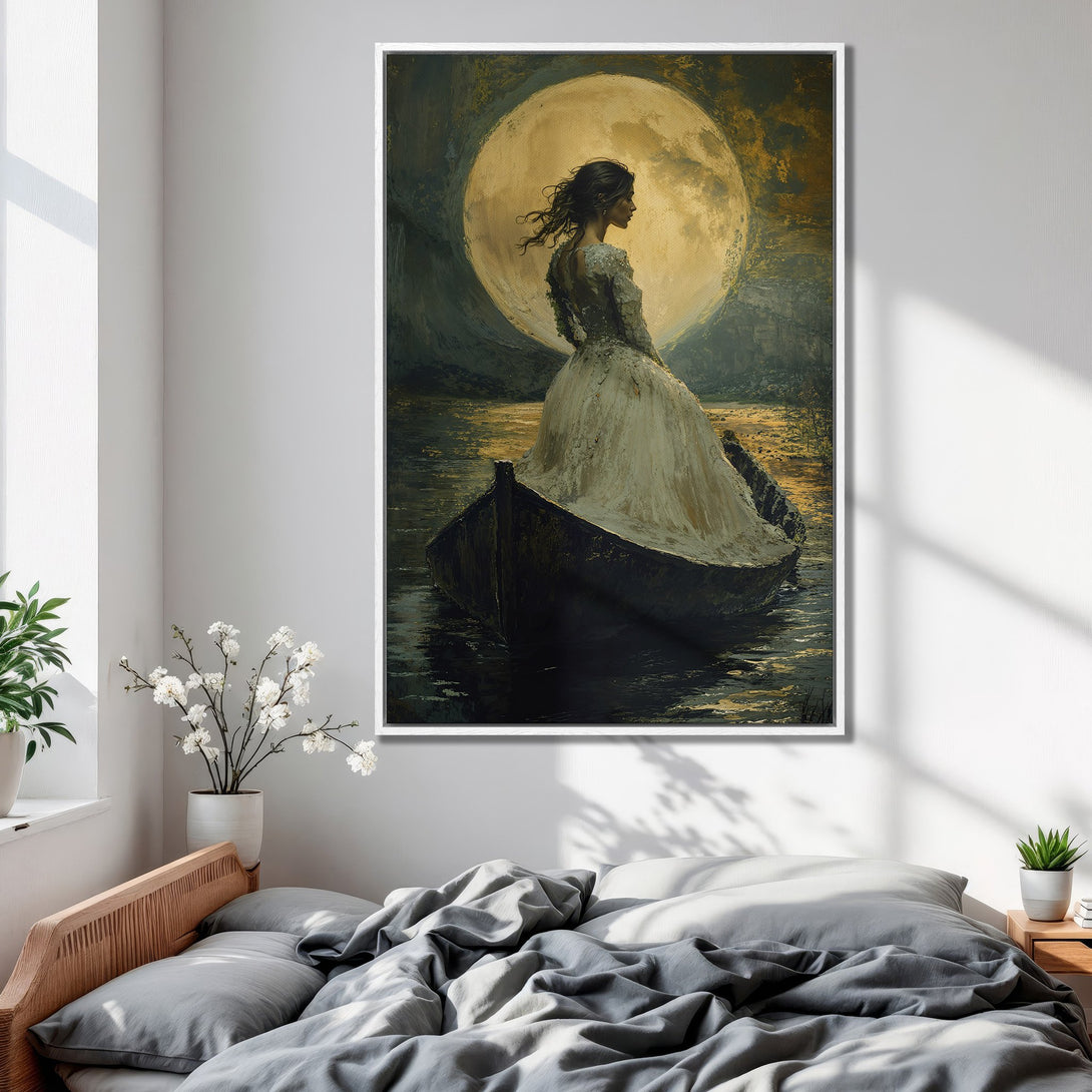 Framed Wall Art: Romantic painting of woman in boat under moon, warm gold & dark tones. Perfect bedroom decor, add artistic style with this canvas print.