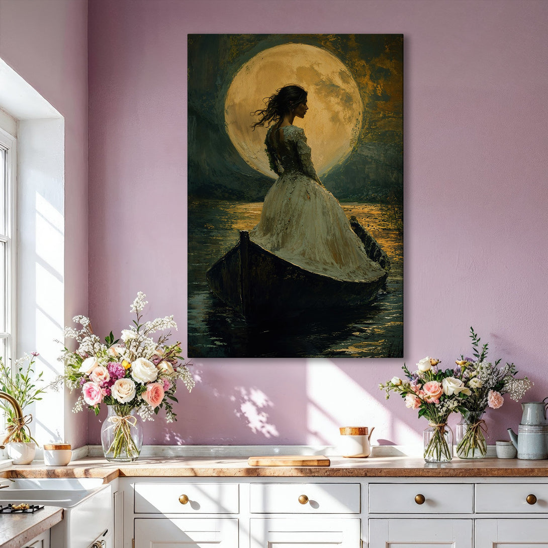 Framed Wall Art featuring a woman in a boat under a full moon, painted in a romantic style with a warm, golden color palette. Perfect for any interior!