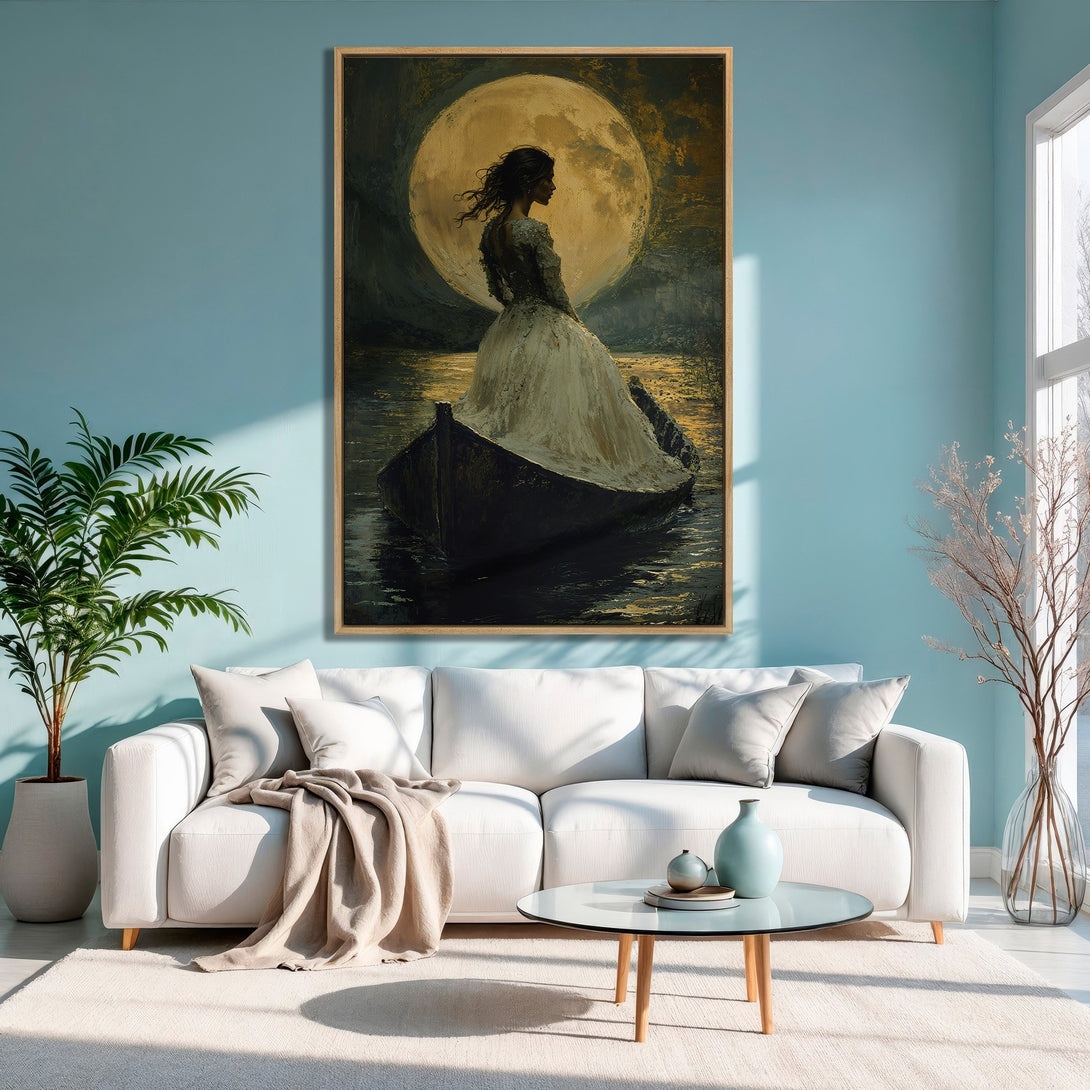 Framed Wall Art: Romantic woman in boat under a moon, oil painting style. Warm gold, black, and white palette. Perfect for living room decor.
