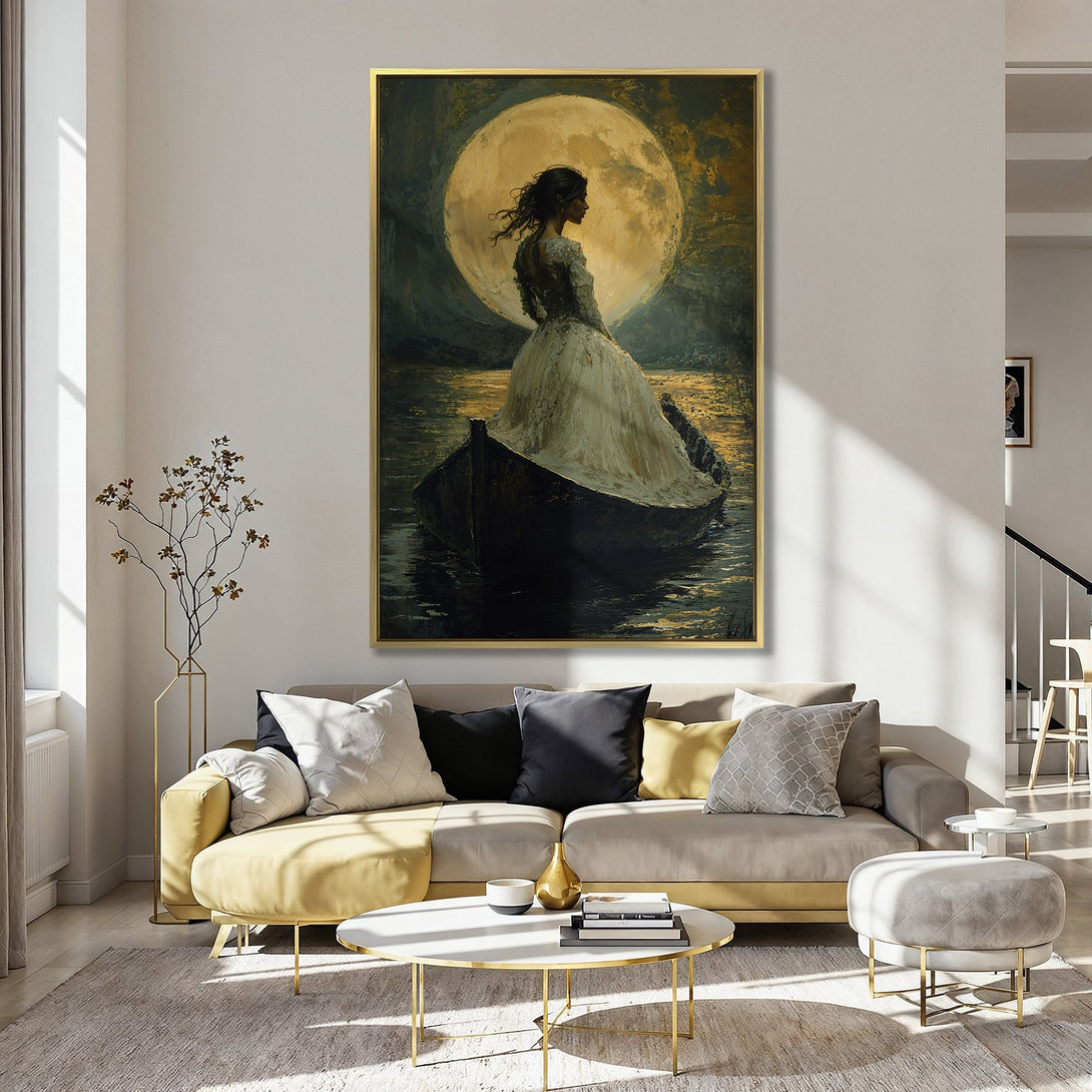 Canvas Print featuring a romantic woman in a boat under a moon, painted in a classical style with a warm, gold and blue color palette.