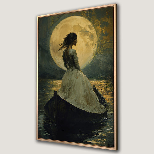 Framed Wall Art: Romantic painting of a woman in a boat against a moonlit sky. Rich gold and dark blue color palette, perfect for adding elegance to your space.