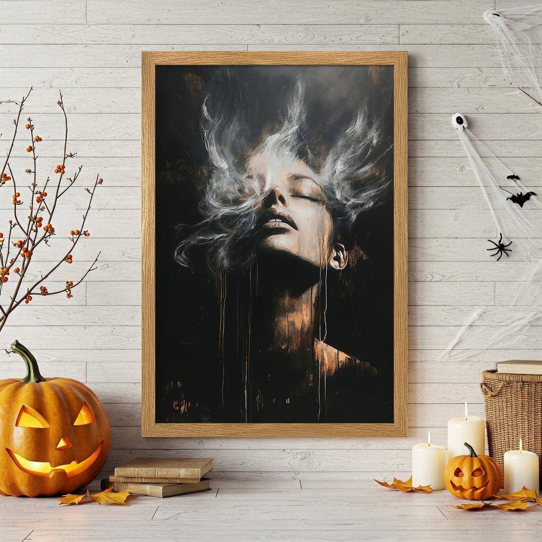 Framed Poster: Abstract portrait art with dark, gold, and white color palette. Perfect Halloween decor. Shop now!