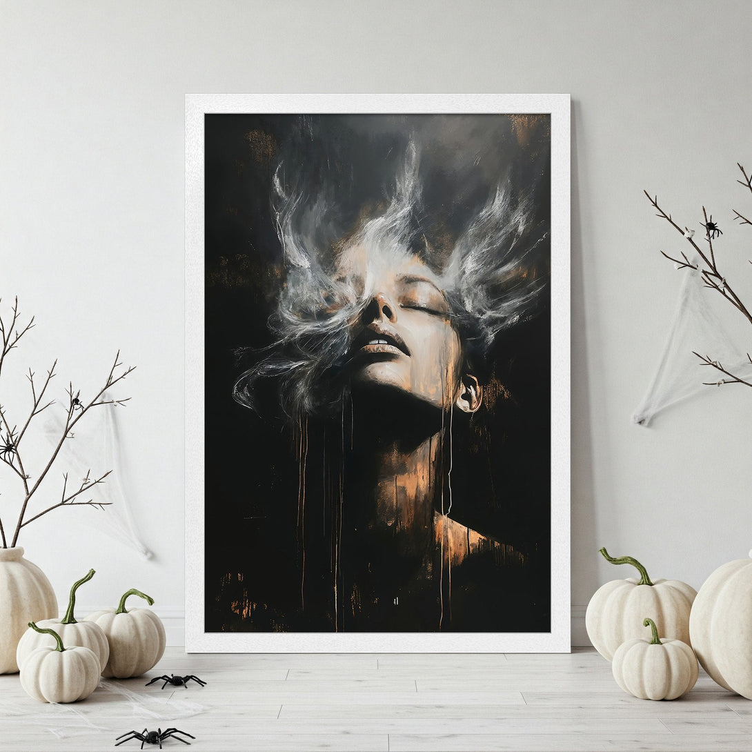 Framed Poster featuring a woman's face with abstract, smoky art style. Dark, moody color palette with gold and white accents. Perfect wall art.