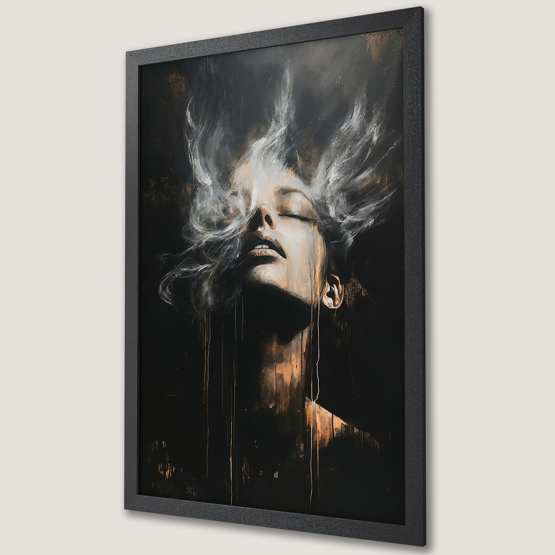 Framed Poster featuring a woman's face in abstract style with a dark, gold, and white color palette. Perfect wall art.