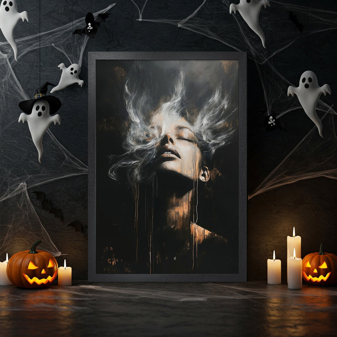 Framed Poster featuring a woman's face in a dark, abstract style. The color palette includes black, gold, and white, with a Halloween theme.