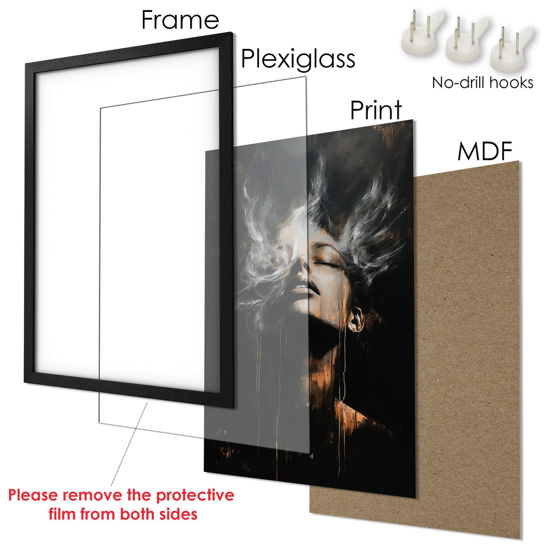 Framed Poster featuring a woman's portrait in a modern style. The color palette includes black, gold, and neutral tones. Perfect wall art!