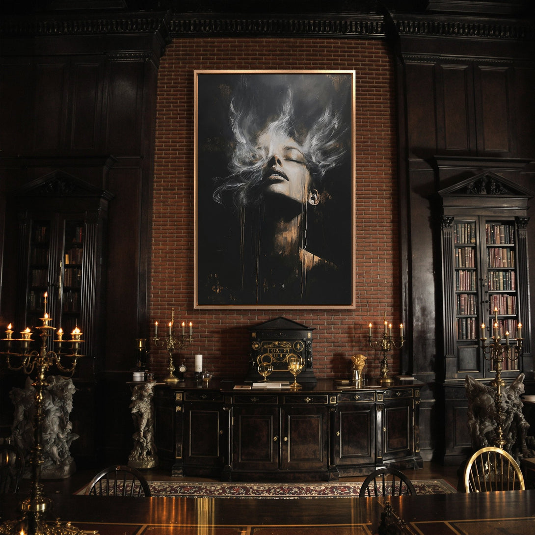 Framed Wall Art: Abstract portrait canvas print in a dark, moody interior. Features a black, gold, and white color palette. Elevate your space with art!