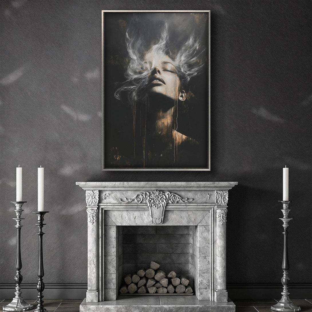 Framed Wall Art featuring a woman's face with smoke effect. Dramatic, modern art in a dark, moody color palette. Perfect for any room!