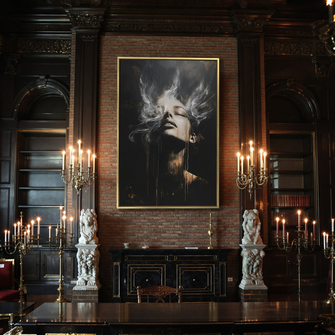 Canvas Print of a woman's face in a dark, moody style. Features a black, gold, and white color palette. Perfect for gothic decor.