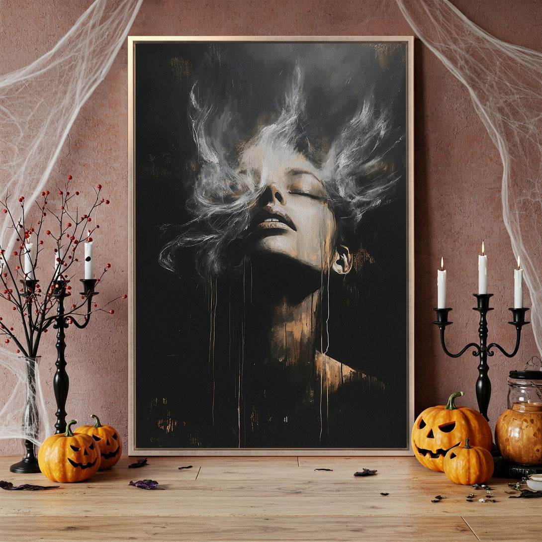 Framed Wall Art featuring a woman's face in a dark, abstract style with gold and black tones. Perfect for adding a touch of mystery to your home decor.