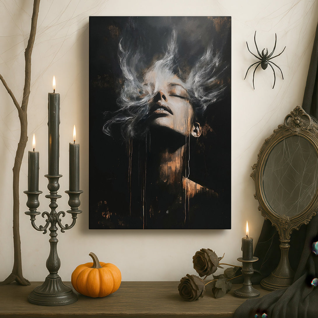 Framed Wall Art: Abstract woman face on canvas, dark & gold palette. Elevate your space with this stunning artwork. Shop now!