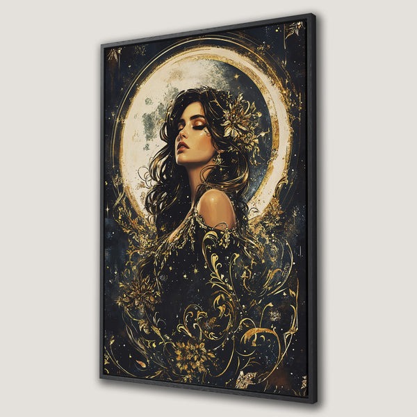 Framed Wall Art featuring a woman with floral accents, in an elegant, dark aesthetic with gold and black tones. Perfect for adding a touch of luxury.