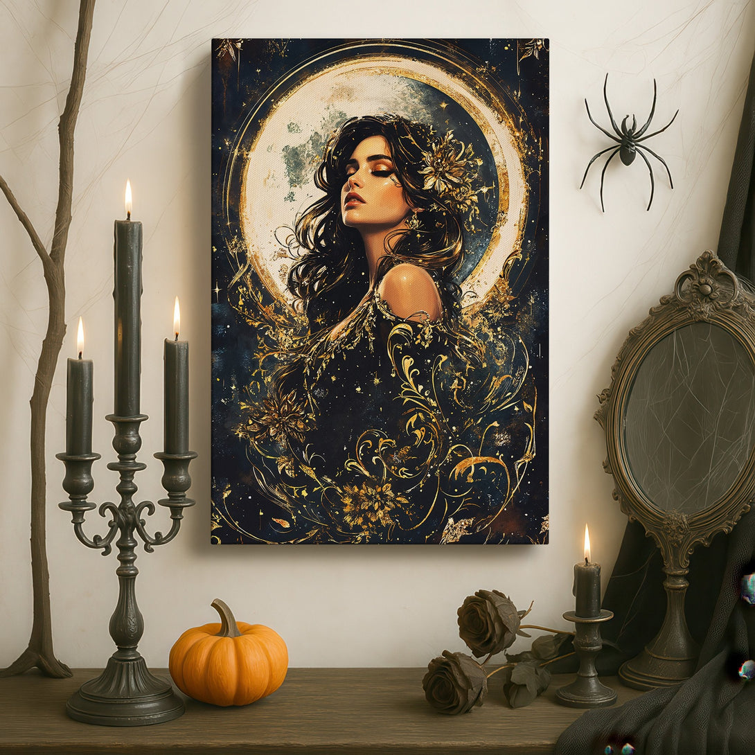 Framed Wall Art: Elegant woman portrait in dark, gold & blue tones. Gothic style canvas print perfect for luxury home decor. Shop now!