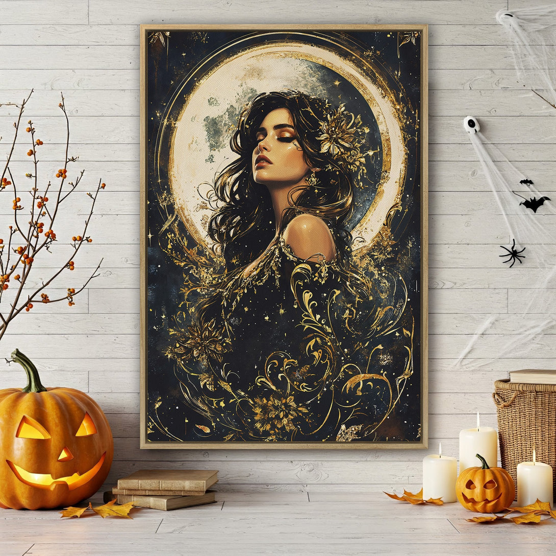 Framed Wall Art: Elegant woman portrait in dark and gold tones. Perfect for Halloween decor! Enhance your space with this stunning canvas print.