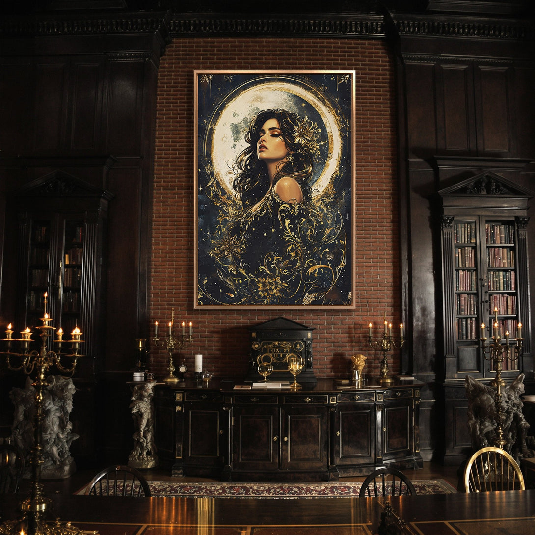 Framed Wall Art: Elegant woman portrait in a dark, moody interior. Gold and navy color palette, artistic style. Perfect for sophisticated home decor.