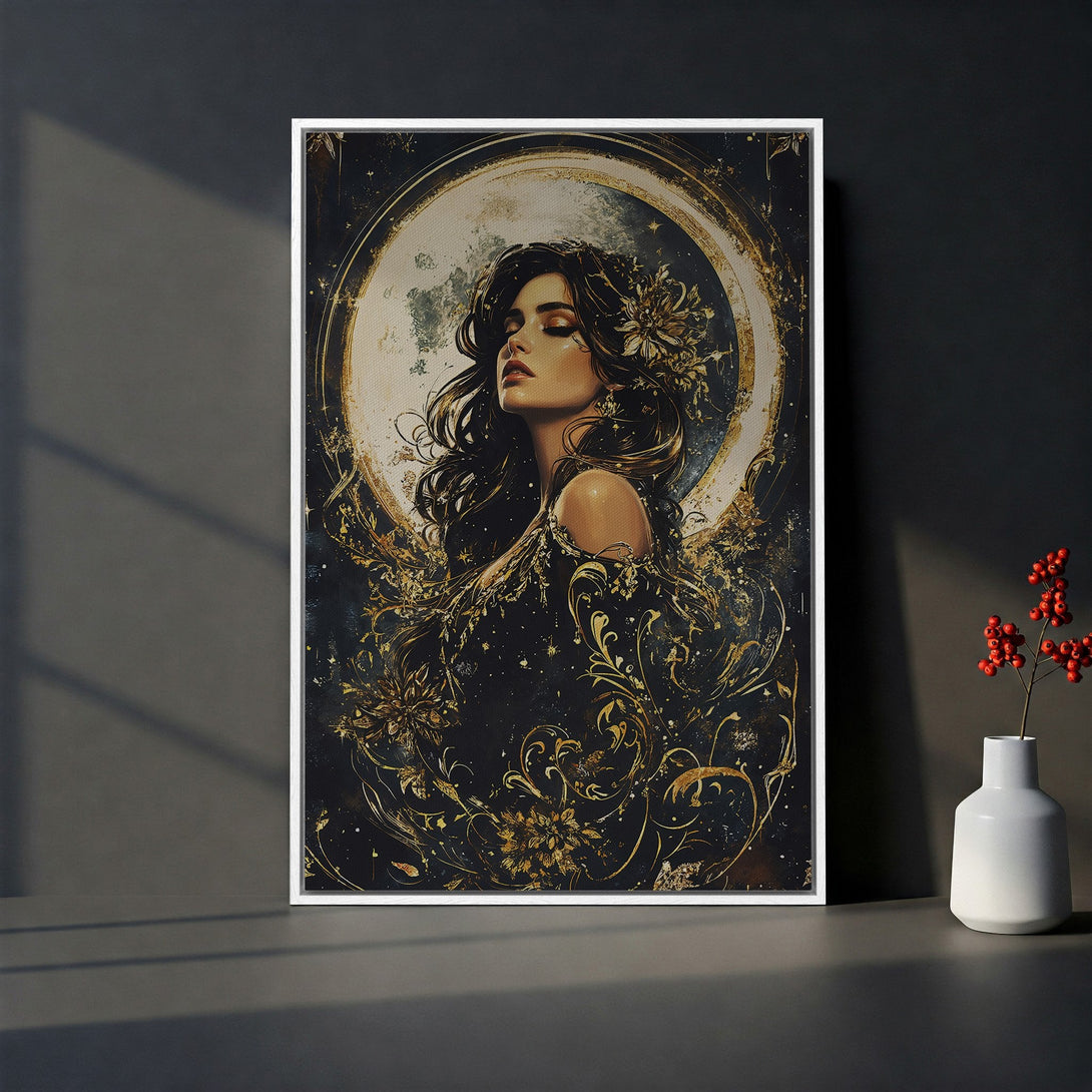 Framed Wall Art featuring a woman with gold accents, in a dark and gold color palette. Perfect for adding a touch of elegance to any room.