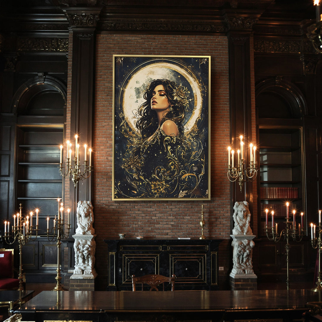 Canvas Print featuring a woman with a moon backdrop, gold accents, and dark blue tones. Perfect for gothic home decor.