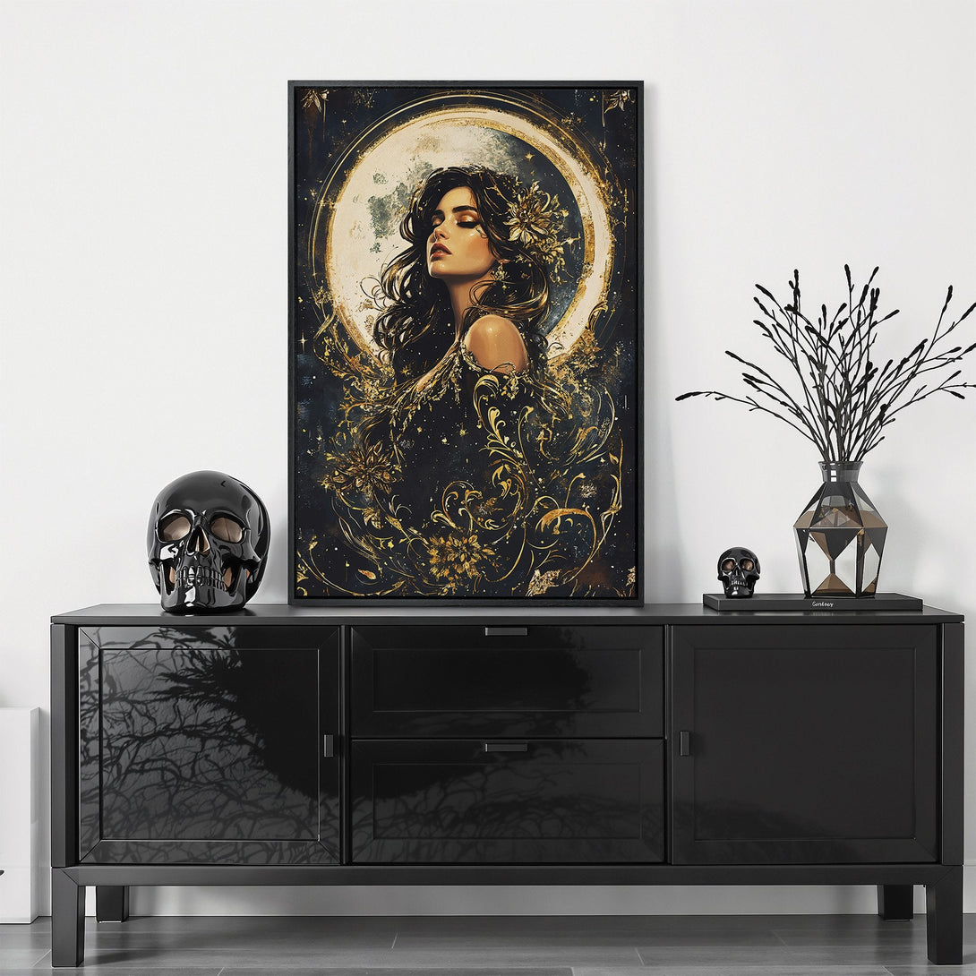 Framed Wall Art: Beautiful woman portrait in celestial style, gold & black color palette. Enhance your space with this stunning canvas print.