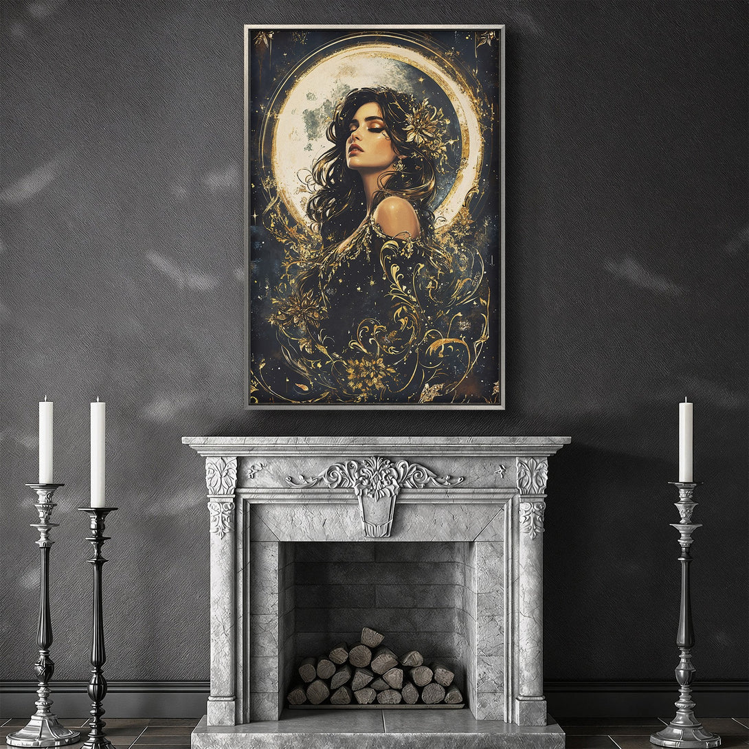 Framed Wall Art featuring a celestial woman in a dark, gold-accented style. Perfect for adding elegance to any room. Explore our Canvas Print collection today!