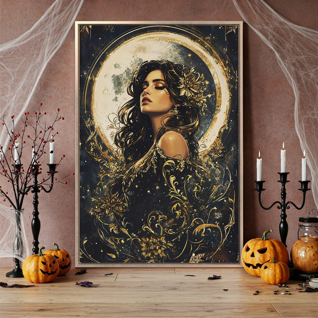 Framed Wall Art featuring a woman with gold accents, in a dark and gold color palette. Perfect for Halloween decor.