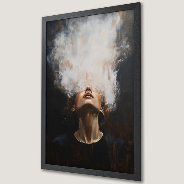Framed Poster of a woman with smoke-like art, abstract style, dark color palette with hints of gold and white. Perfect wall art.
