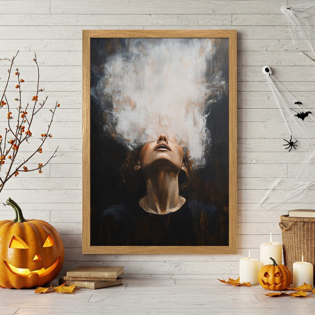 Framed Poster: Abstract art of a woman with smoke effect, warm tones. Perfect Halloween decor.