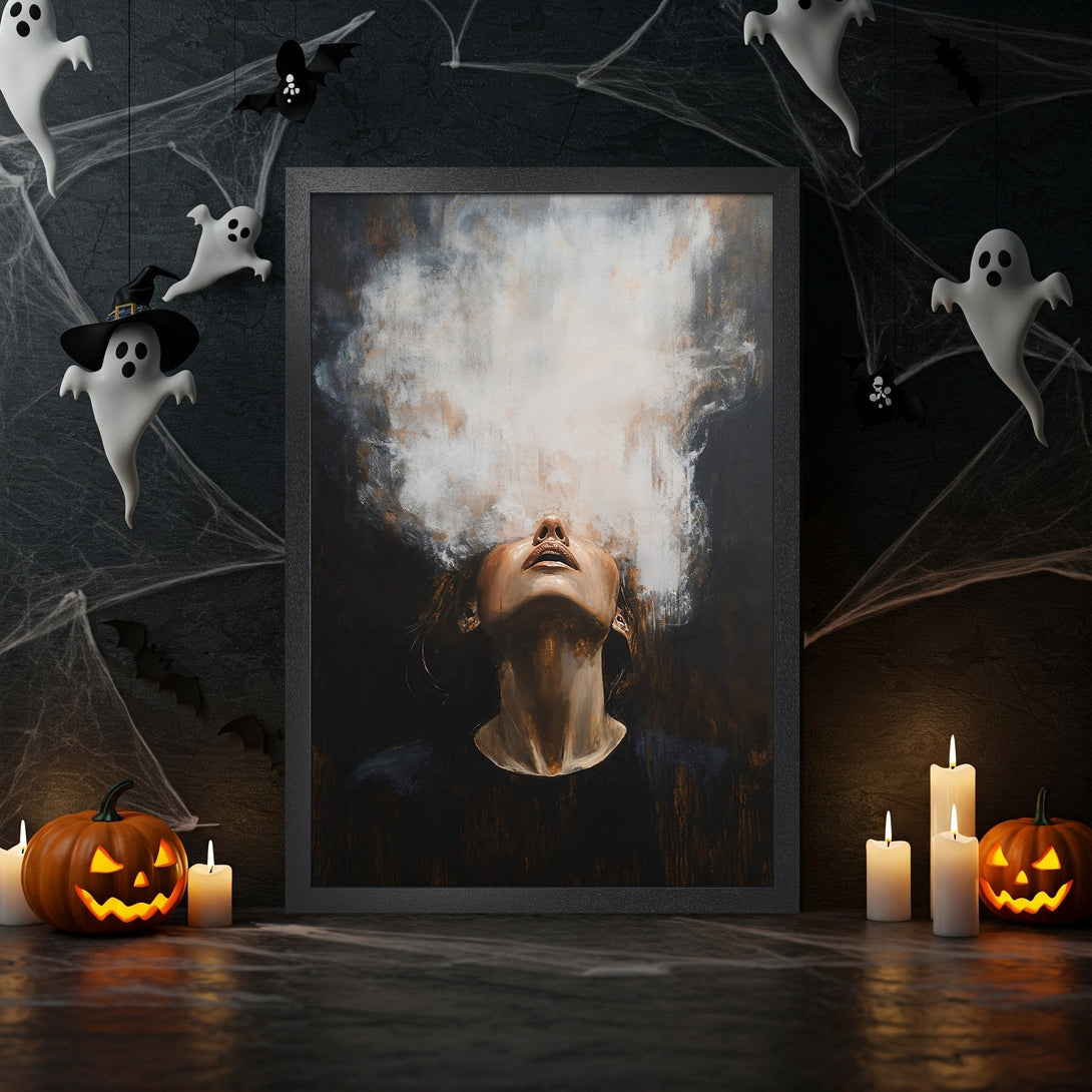 Framed Poster featuring an abstract portrait with a dark, moody color palette, perfect for Halloween decor.