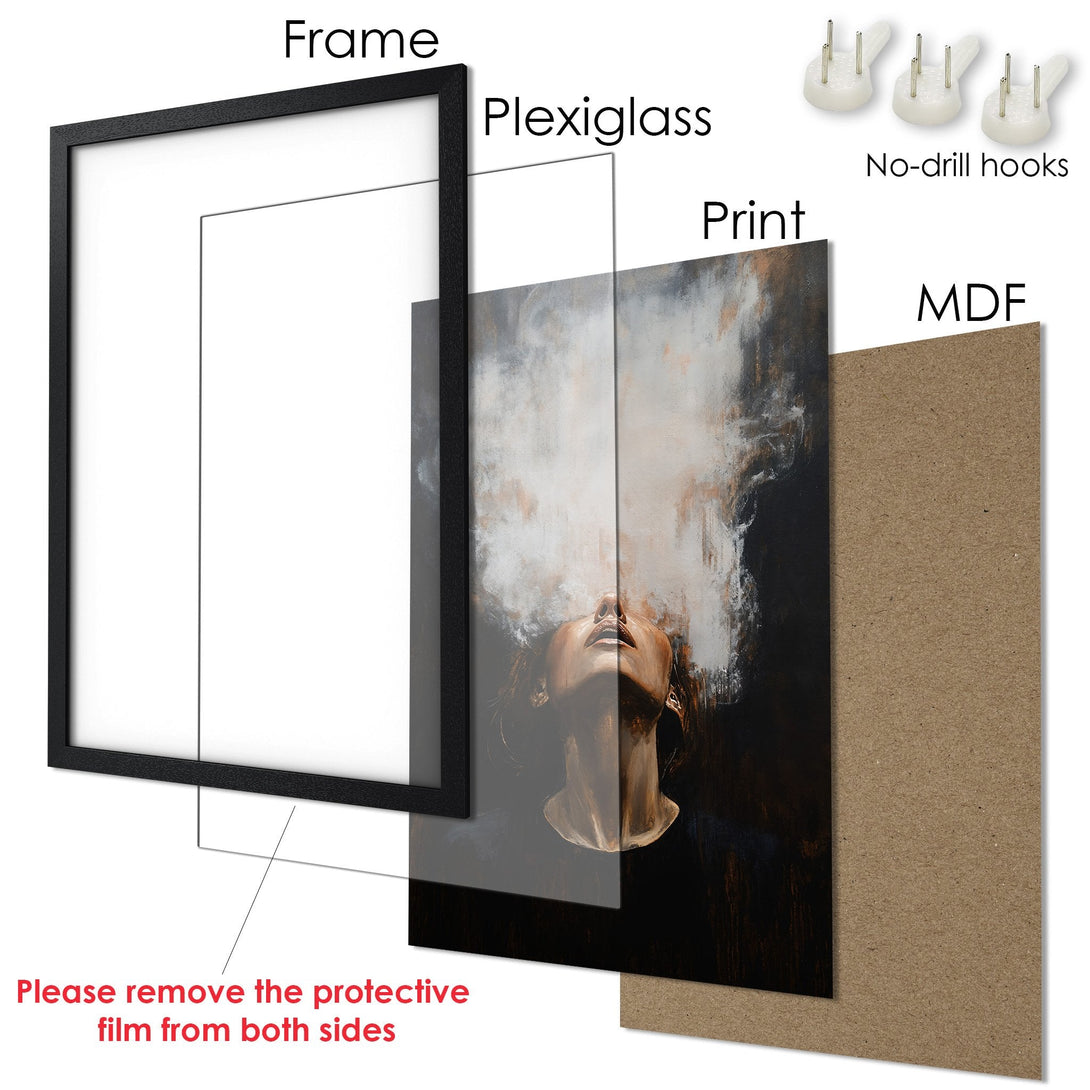 Framed Poster featuring a woman, abstract style, with a neutral and dark color palette. Ready to hang art for your home!