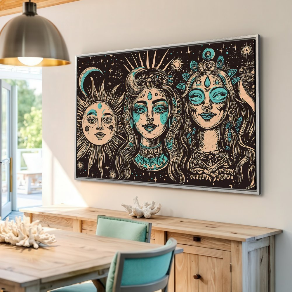 Framed Wall Art: Boho celestial art print featuring women, sun, and moon in teal, black, and beige. Perfect for adding a mystical touch to your home!