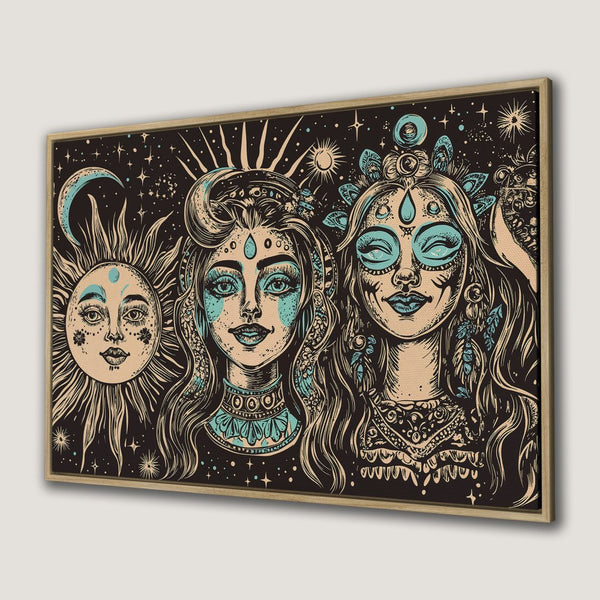 Canvas Print featuring celestial women art in boho style with black, teal, and beige color palette. Perfect wall decor!