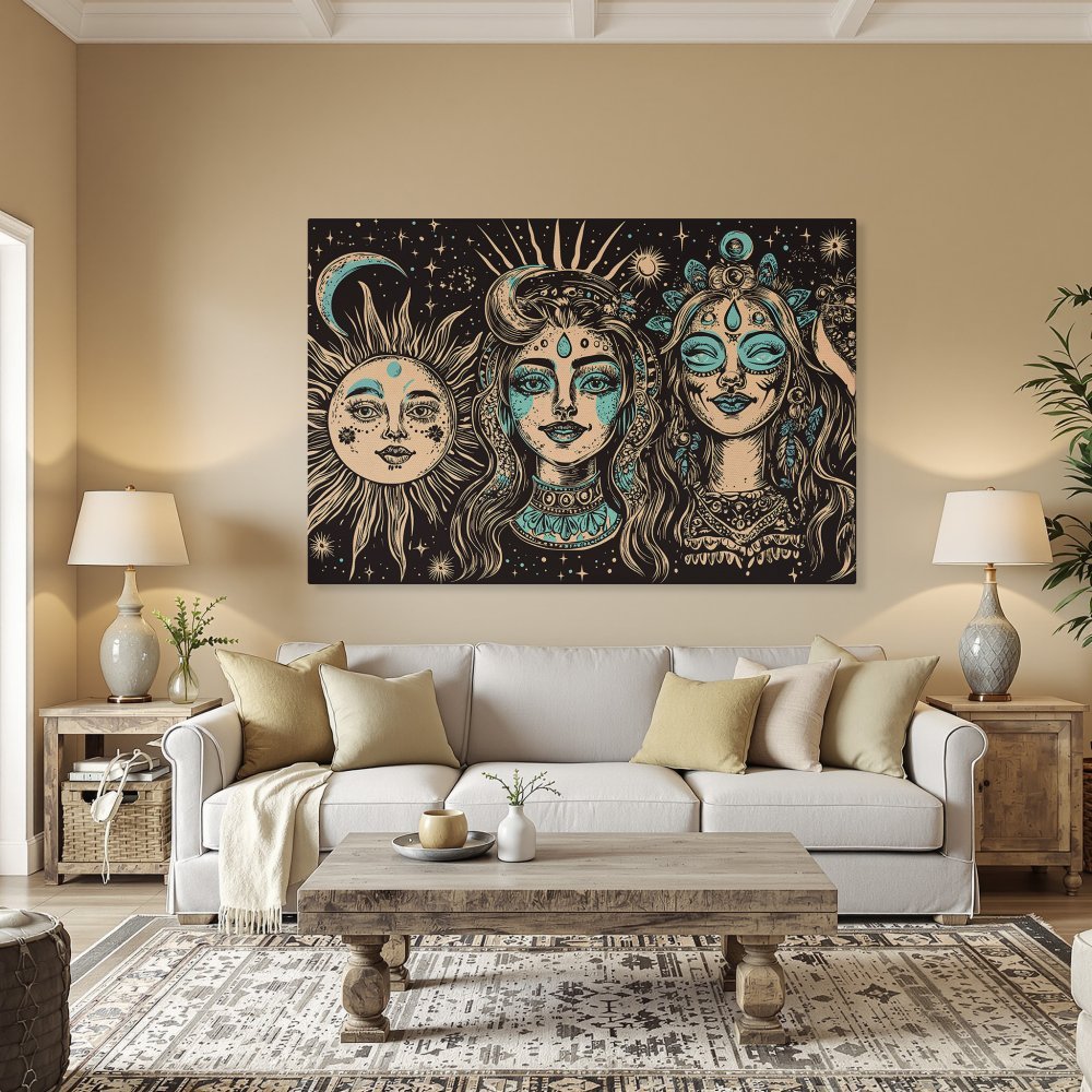 Framed Wall Art: Boho-style Canvas Print featuring celestial women in turquoise and black. Perfect for adding a mystical touch to your home decor.