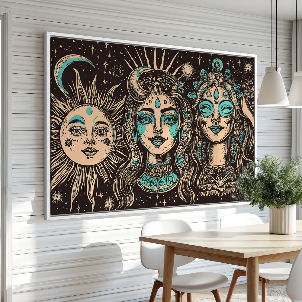 Framed Wall Art featuring celestial women illustration in teal and beige. Add bohemian style to your home with this canvas print!