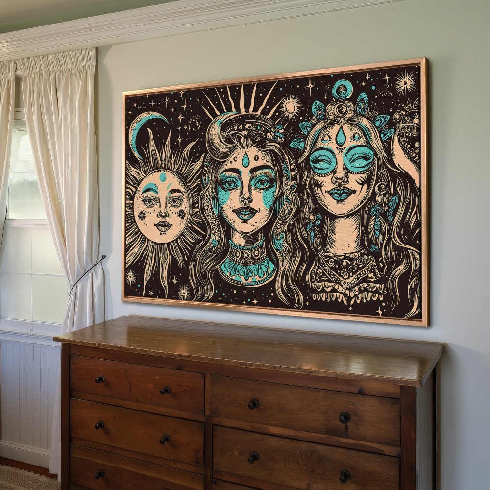 Framed Wall Art: Boho celestial illustration with turquoise and gold accents. Perfect for adding unique style to your home!