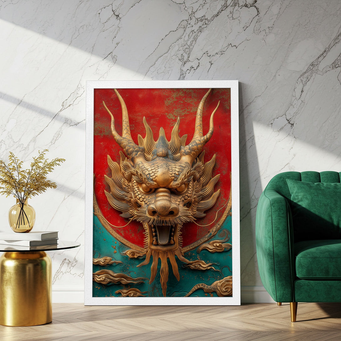 Framed Poster featuring a golden dragon on a red and teal background. Stunning wall art with a luxurious, artistic style.