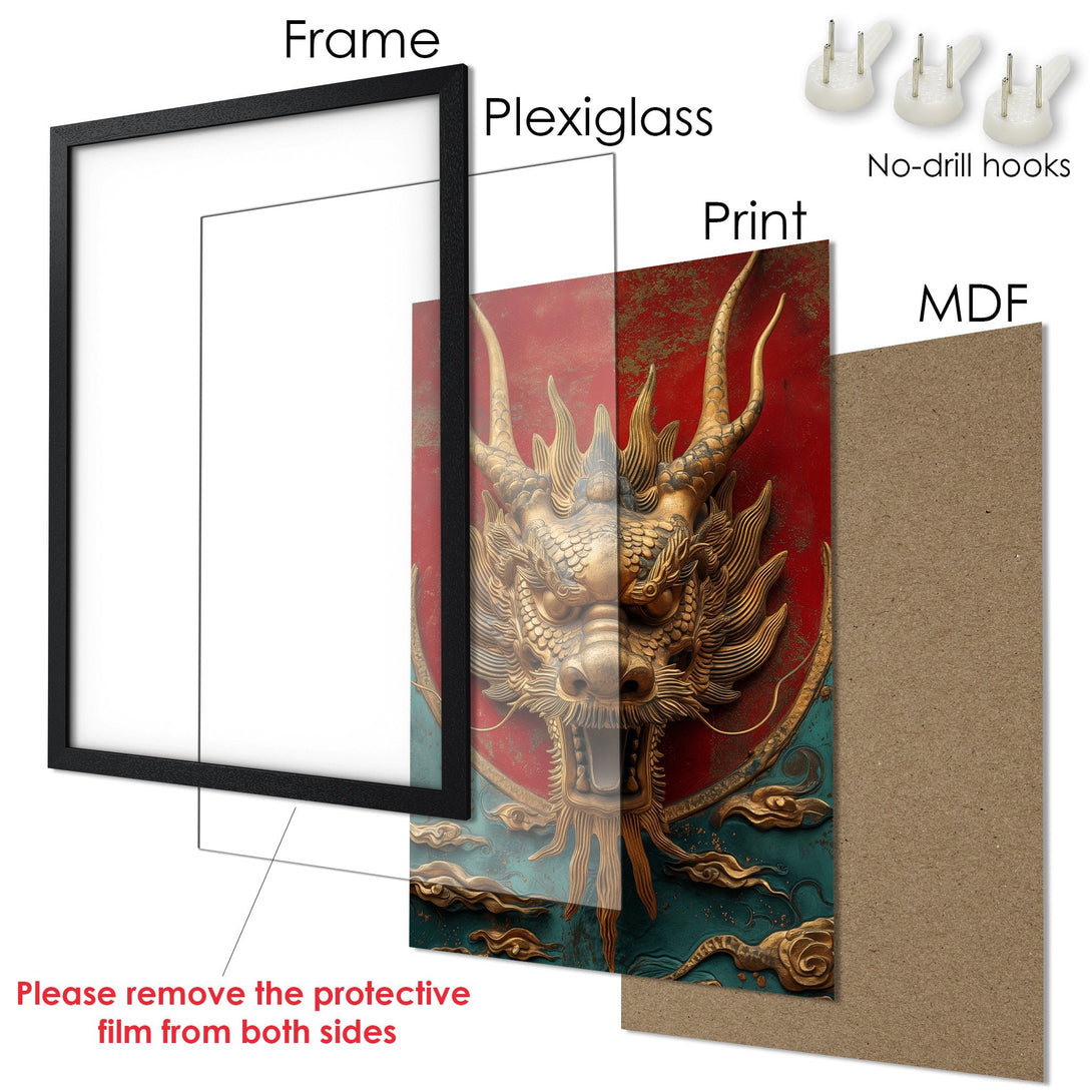 Framed Poster featuring a detailed golden dragon on a red and teal background. Perfect for adding a touch of Asian art to your home.