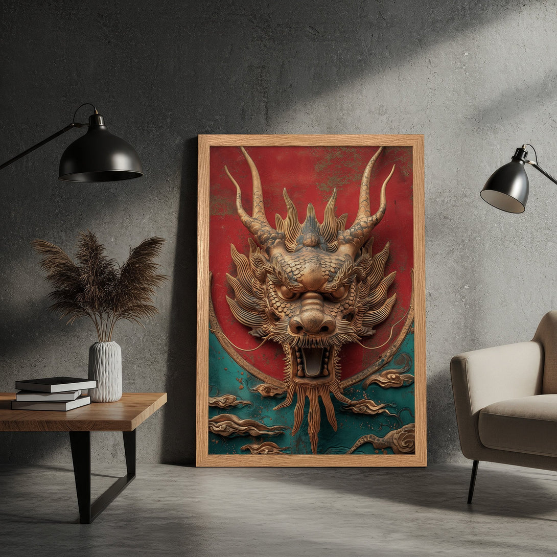 Framed Poster featuring a detailed golden dragon on a red & teal background. Perfect for adding a touch of Asian art to your home decor.