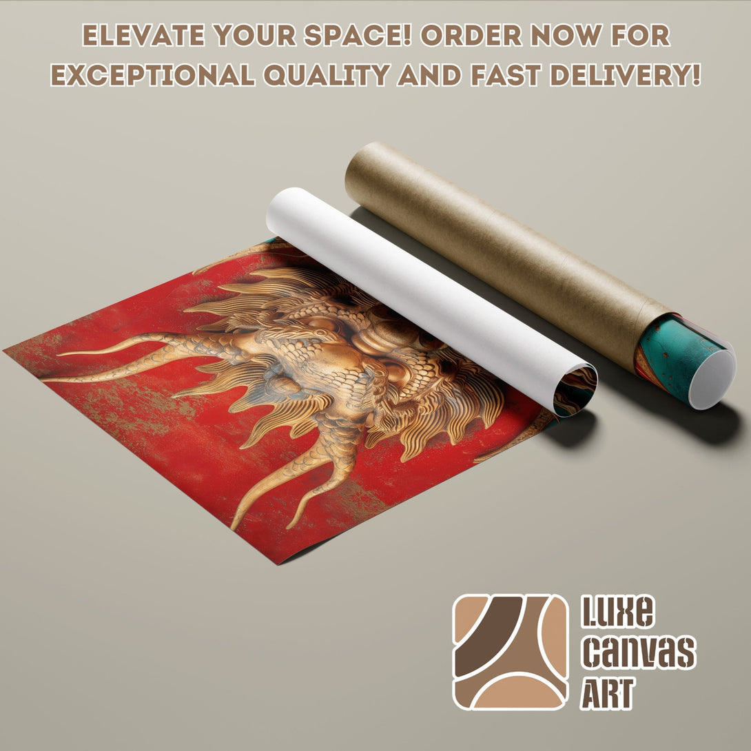 Poster Roll featuring a detailed dragon design in gold and red tones. Elevate your space with Luxe Canvas Art!