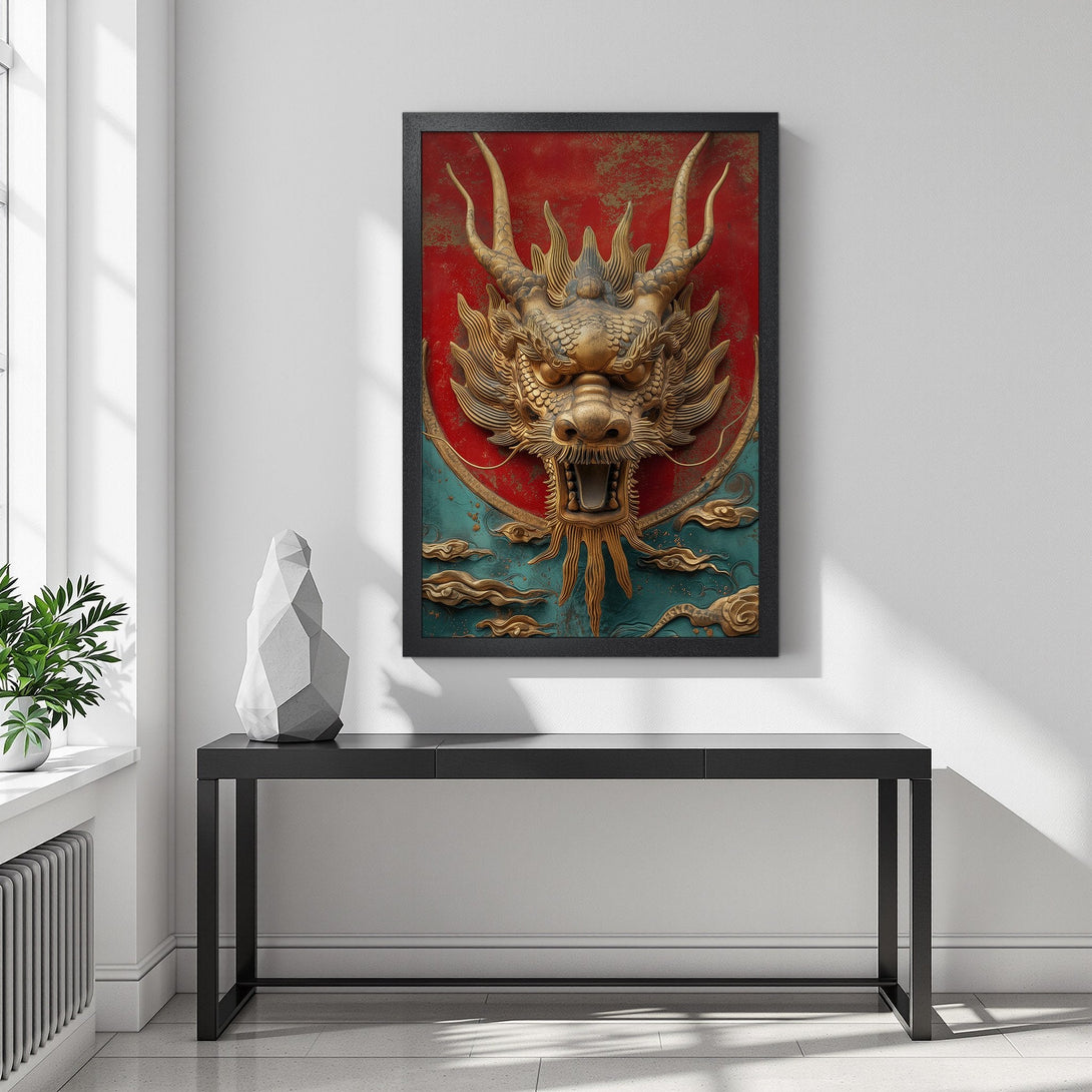 Framed Poster featuring a golden dragon with a red and turquoise background. Stunning wall art in a vintage style, perfect for home decor.